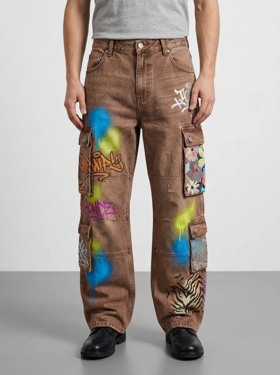 Men's Streetwear Graffiti Tiger Print Art Print Cargo Jeans