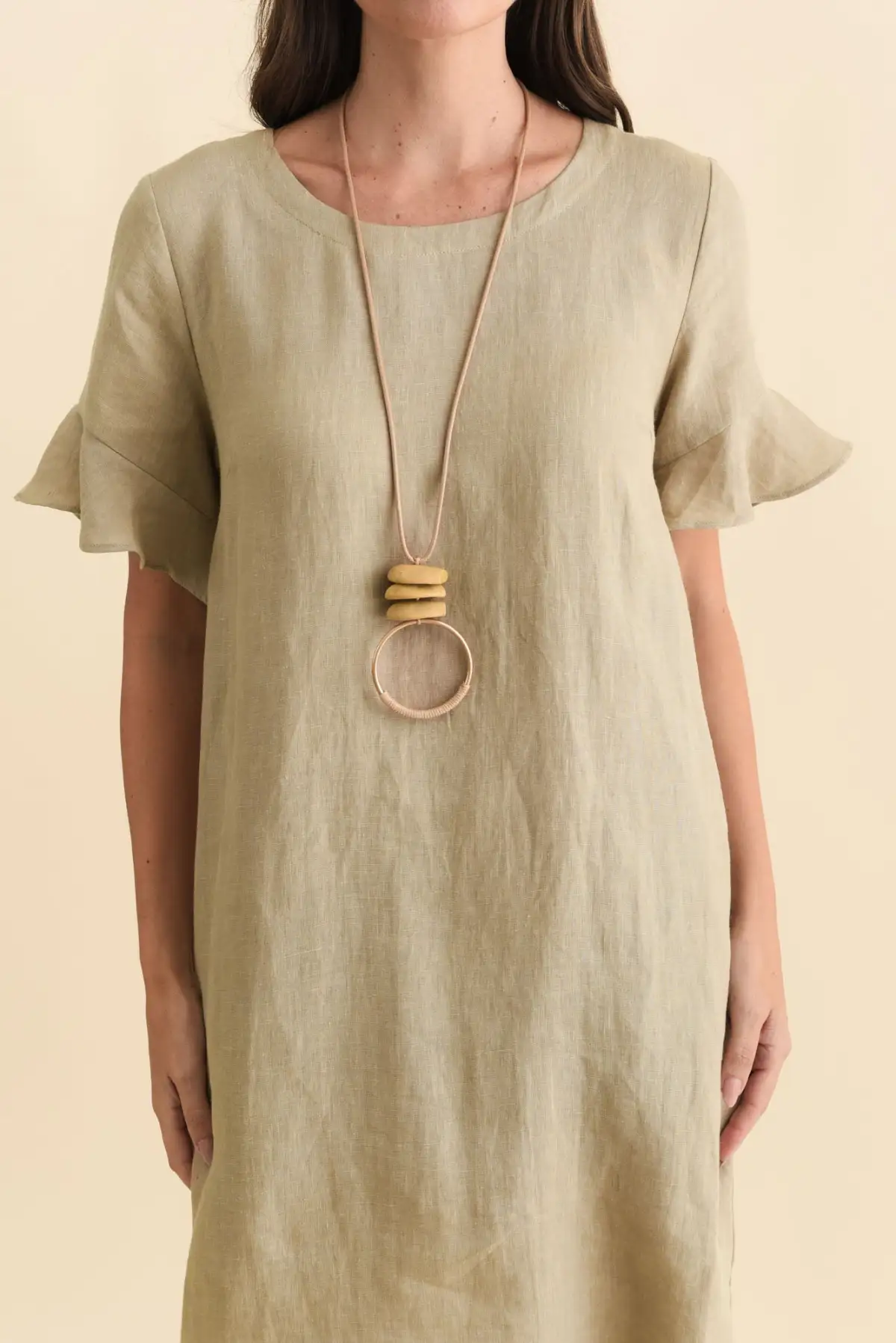Linen Pocket Round-Neck Half-Sleeve A-Line Relaxed Above-Knee Dress