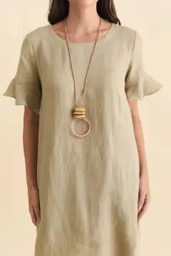 Linen Pocket Round-Neck Half-Sleeve A-Line Relaxed Above-Knee Dress