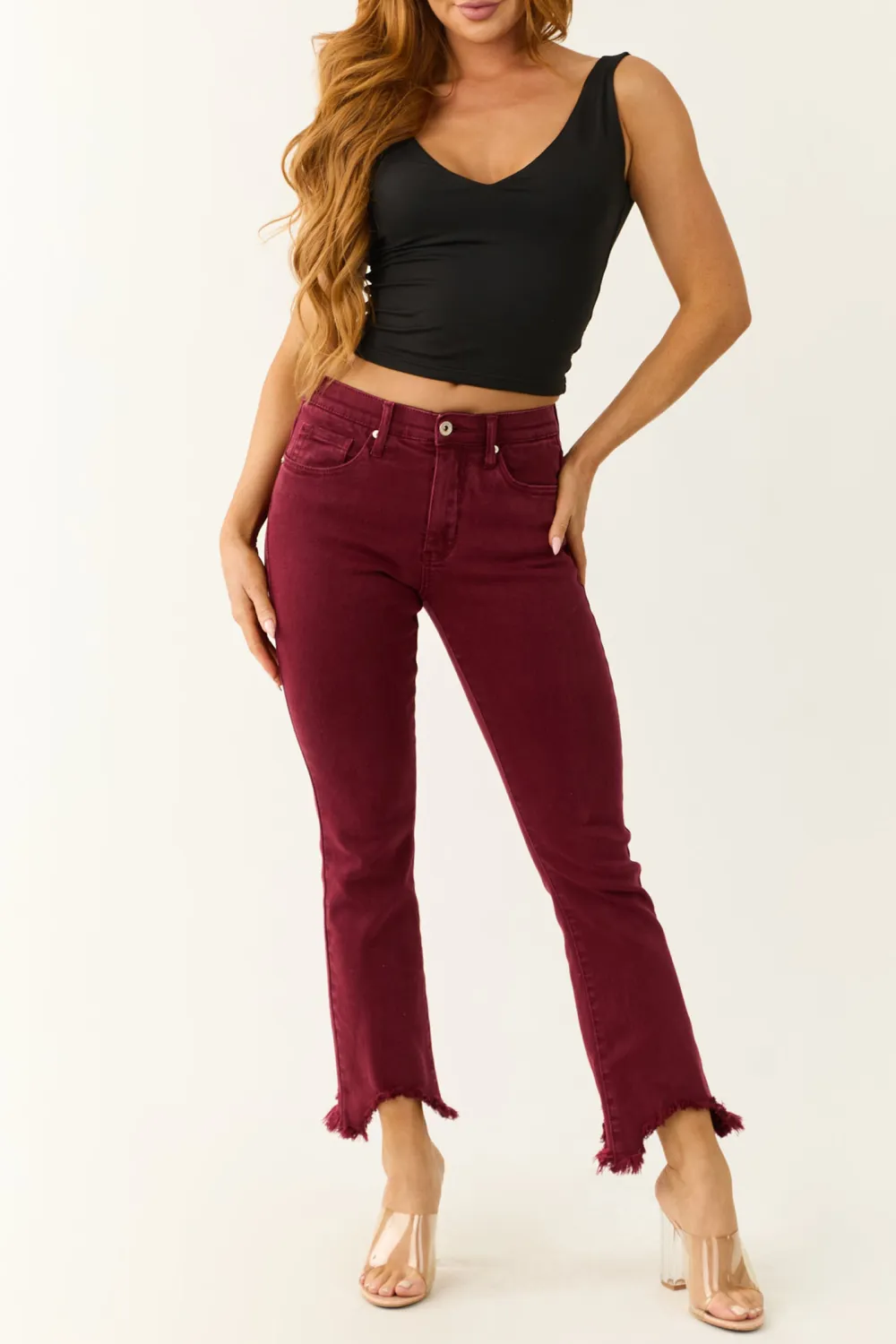 Wine Red Tummy Control Cropped JEANS
