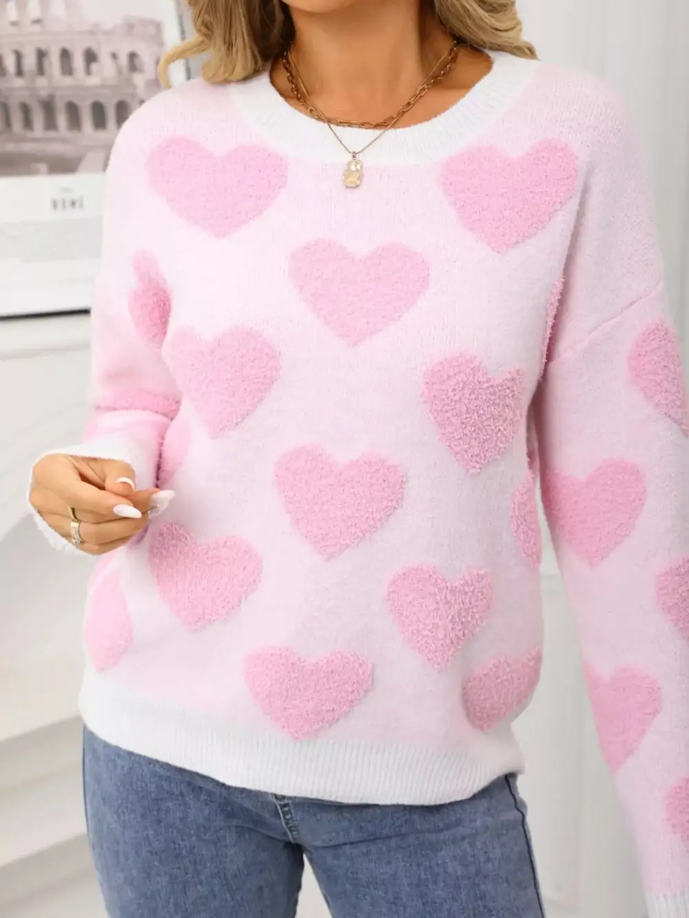 Textured Valentine's Day Heart Pattern Round Neck Sweater