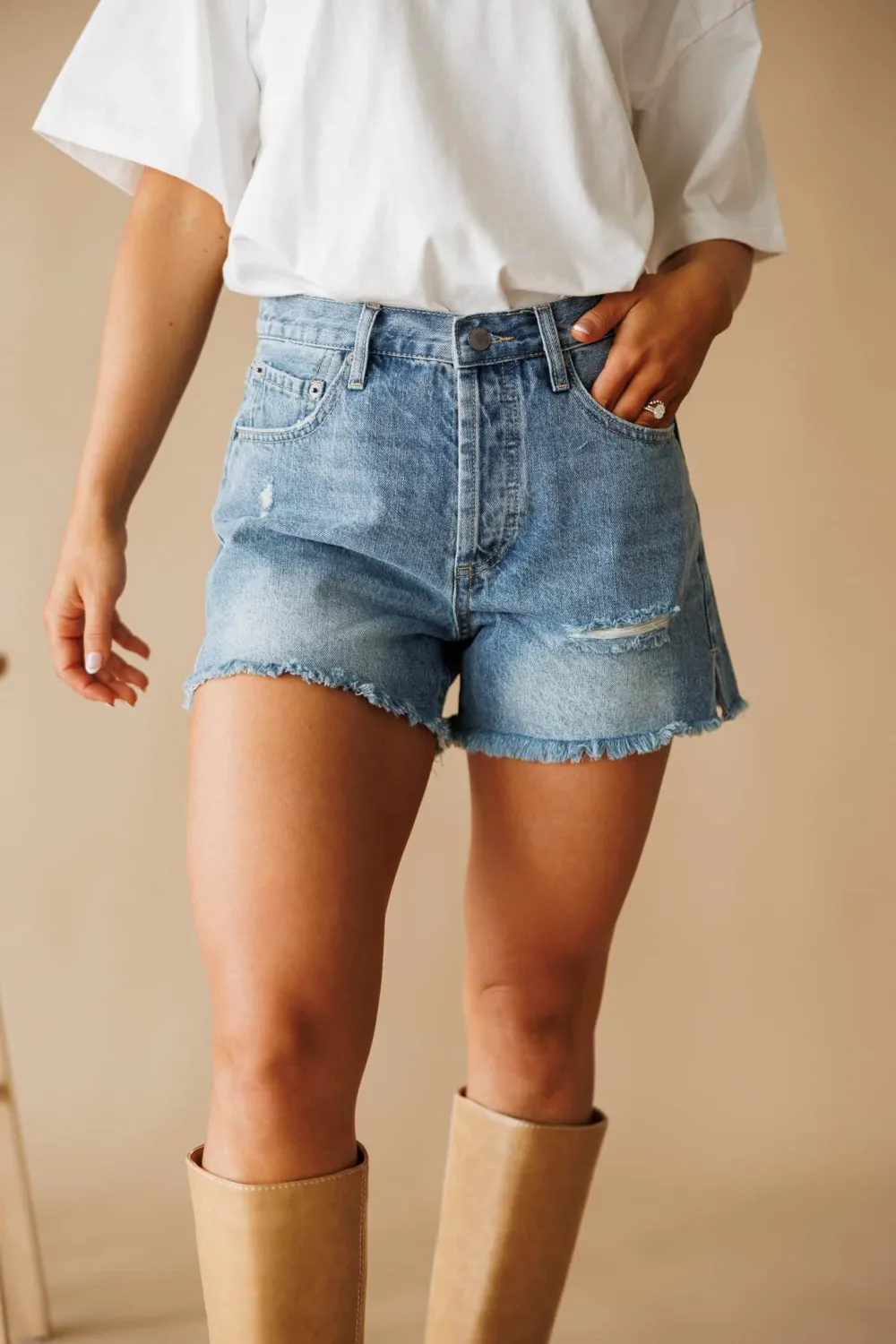 Cotton Distressed Pocket Denim Shorts