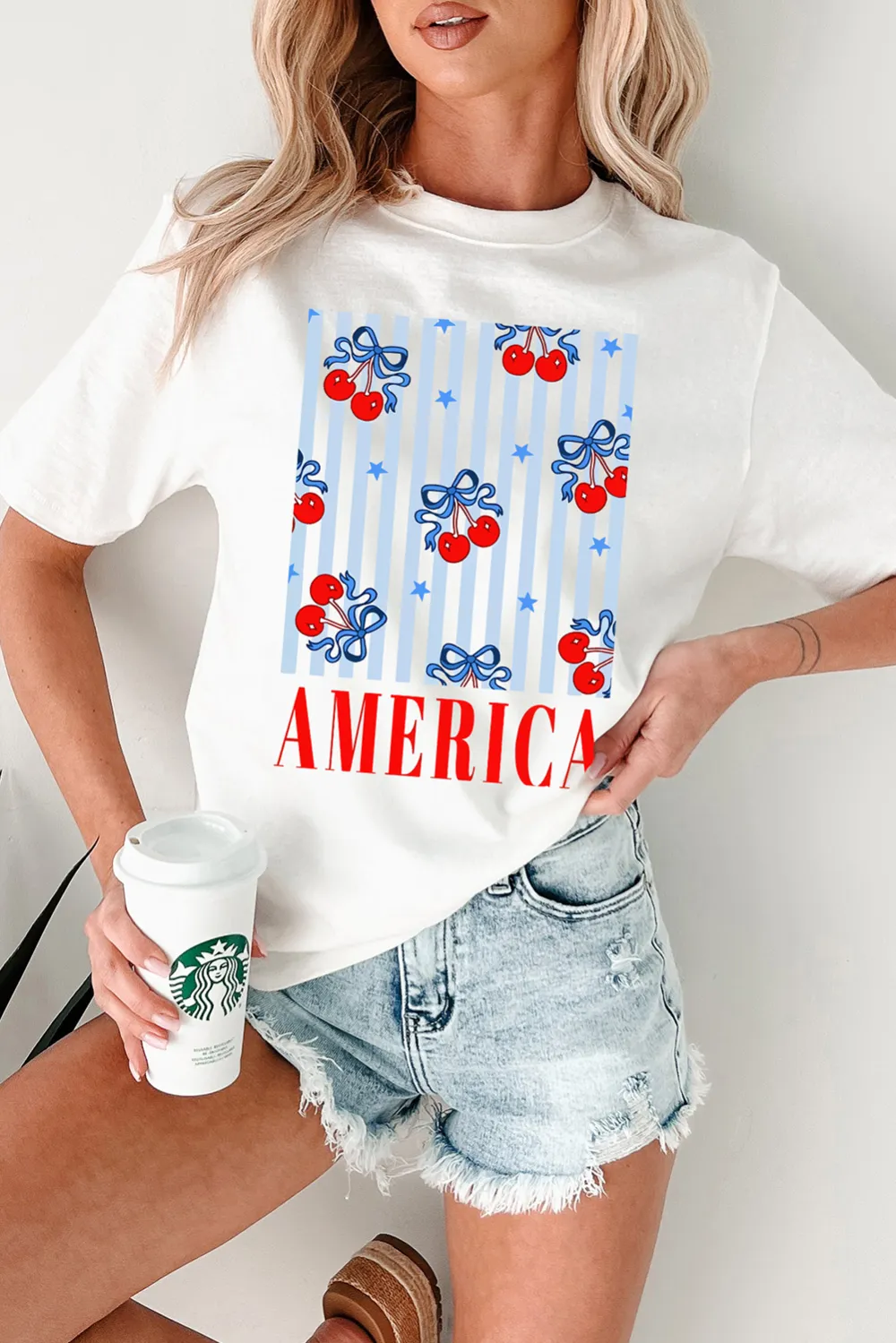 White Bow Cherry Graphic Crewneck Tee