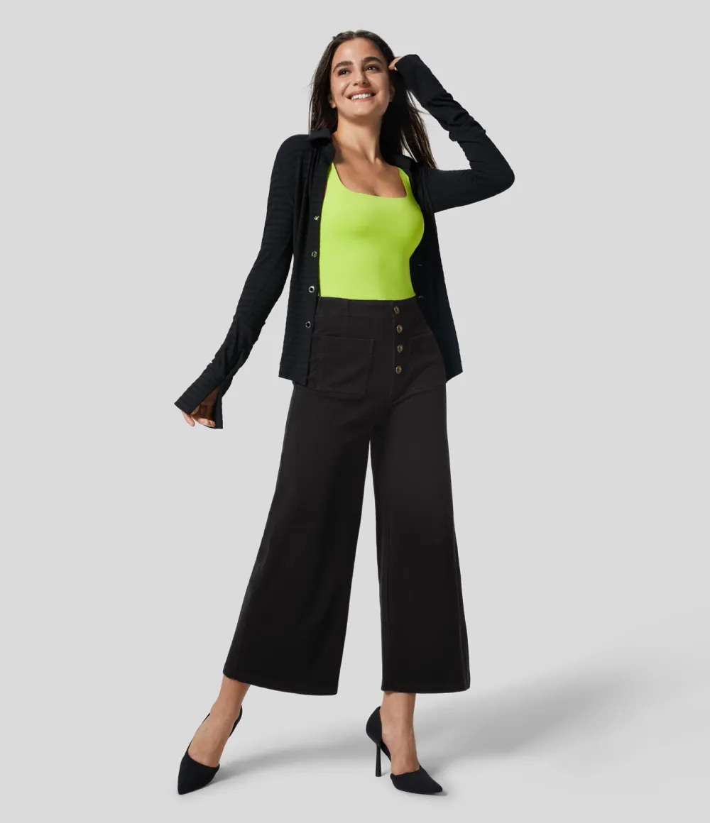Magic High Waisted Button Pockets Washed Stretchy Knit Casual Wide Leg Jeans