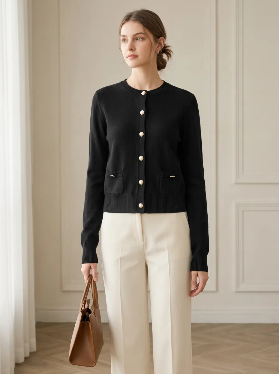 Women's Classic Black Gold Button Pocket Knit Cardigan