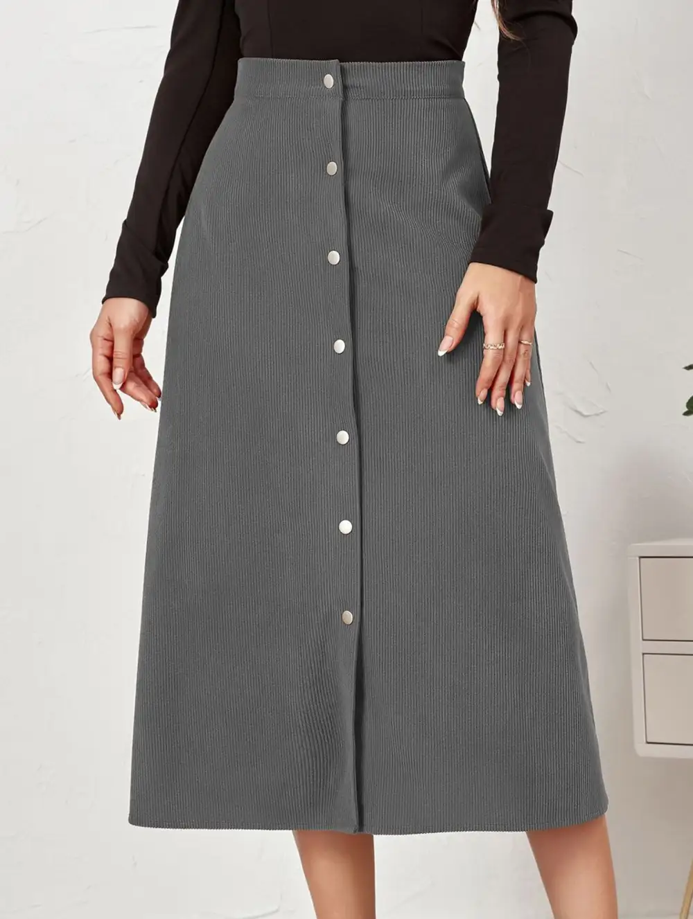 Corduroy Button Front Midi Skirt