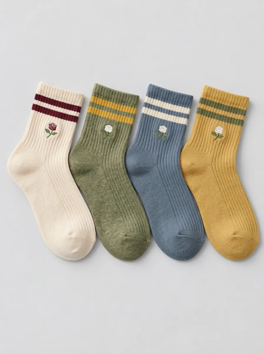Women's Vintage Rose Floral Embroidered Striped Crew Socks
