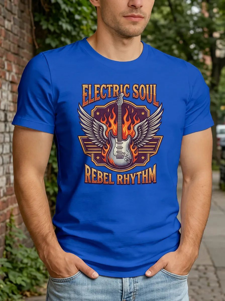 Men's Rock Music Lover Electric Guitar Wings Flame Printed T-shirt