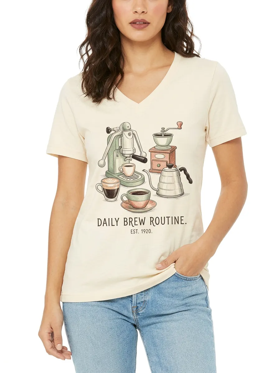 Women's Coffee Lover Daily Brew Routine Printed V-neck T-shirt