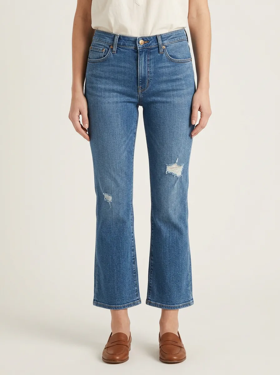 Women's Mid-Rise Whiskered Distressed Cropped Kick-Flare Jeans