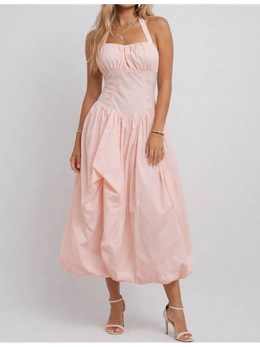 Halter Square Neck Ruched Strap Split Midi Dress