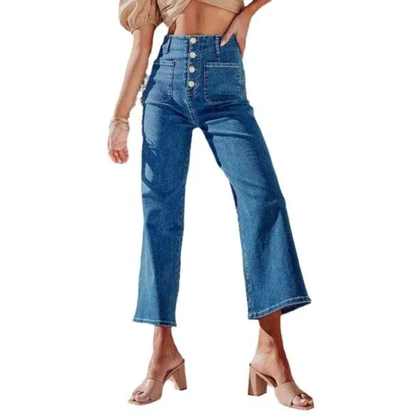 Women's High Waist Straight Leg Button Detail Jeans