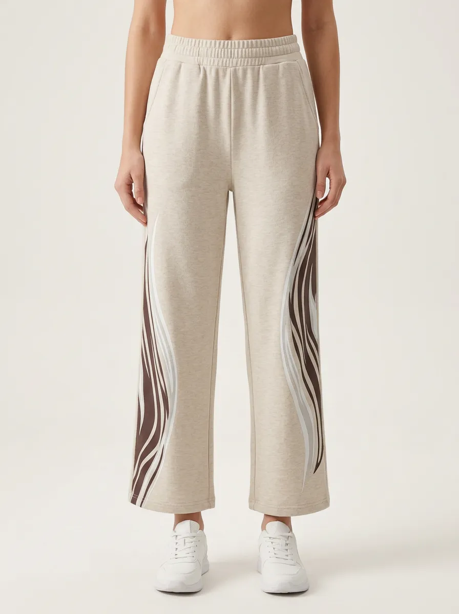 Women's Beige Elastic Waist Wide-Leg Sweatpants
