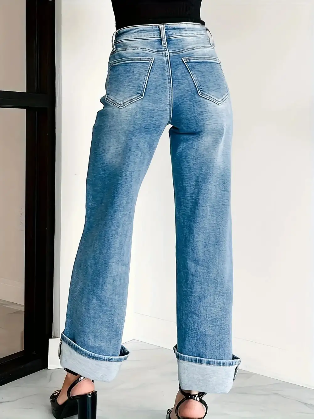 High Waisted Wide Leg Detail Denim Jeans