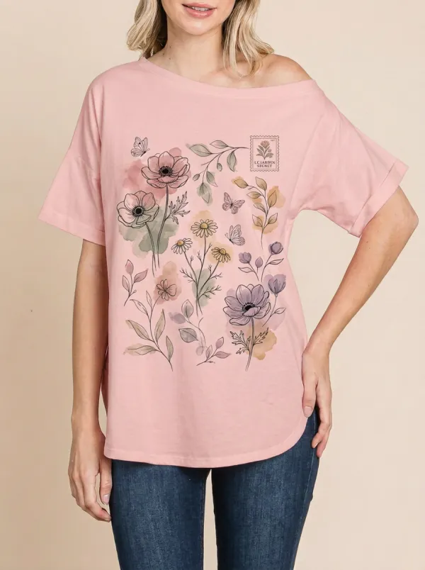 Women's Botanical Garden Butterfly Stamp Printed T-shirt