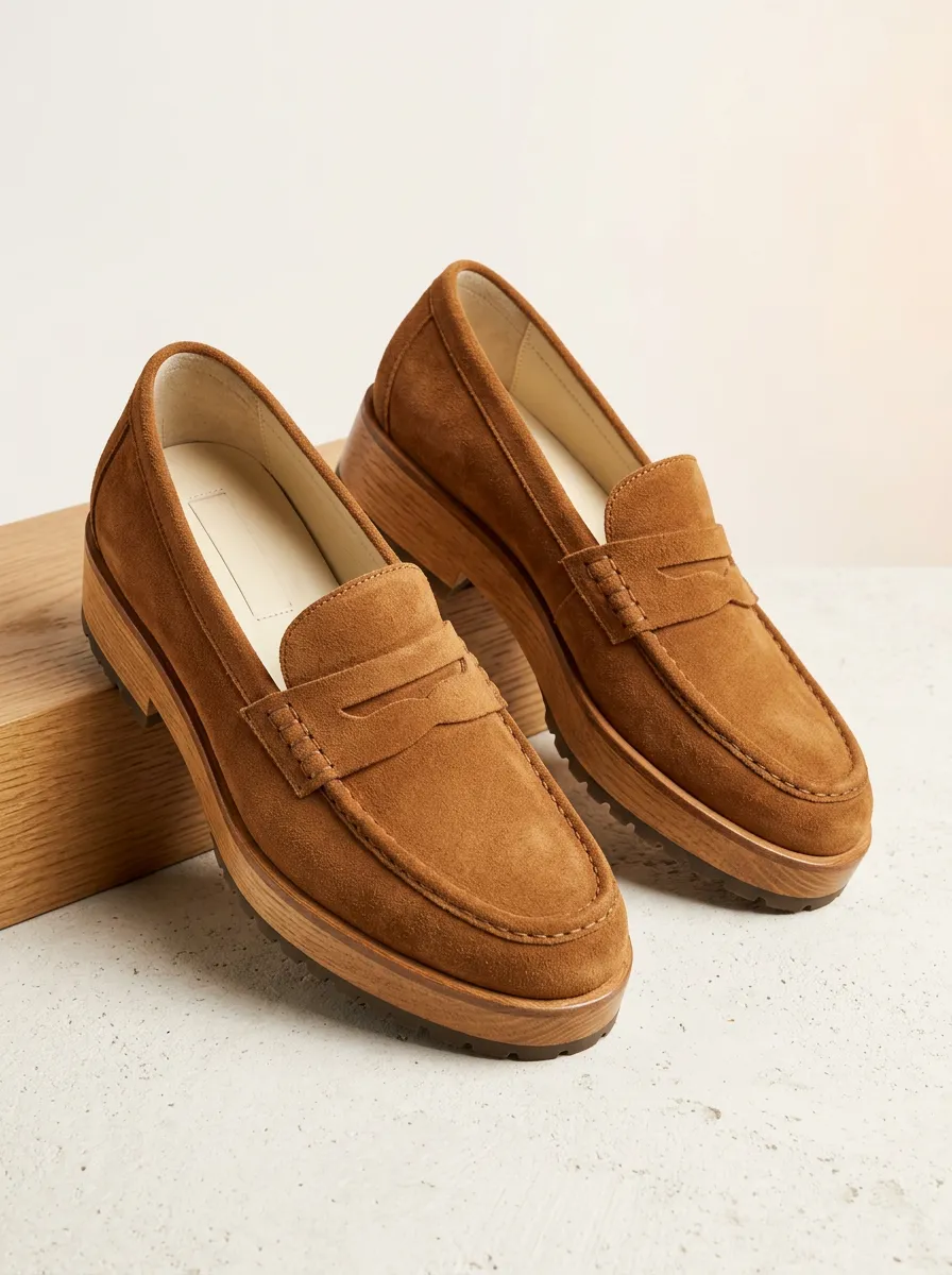 Women's Platform Classic Suede Wood Sole Loafers