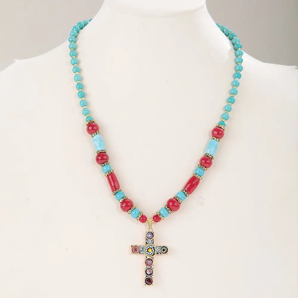 Gemstone Mosaic Cross Pendant Necklace
