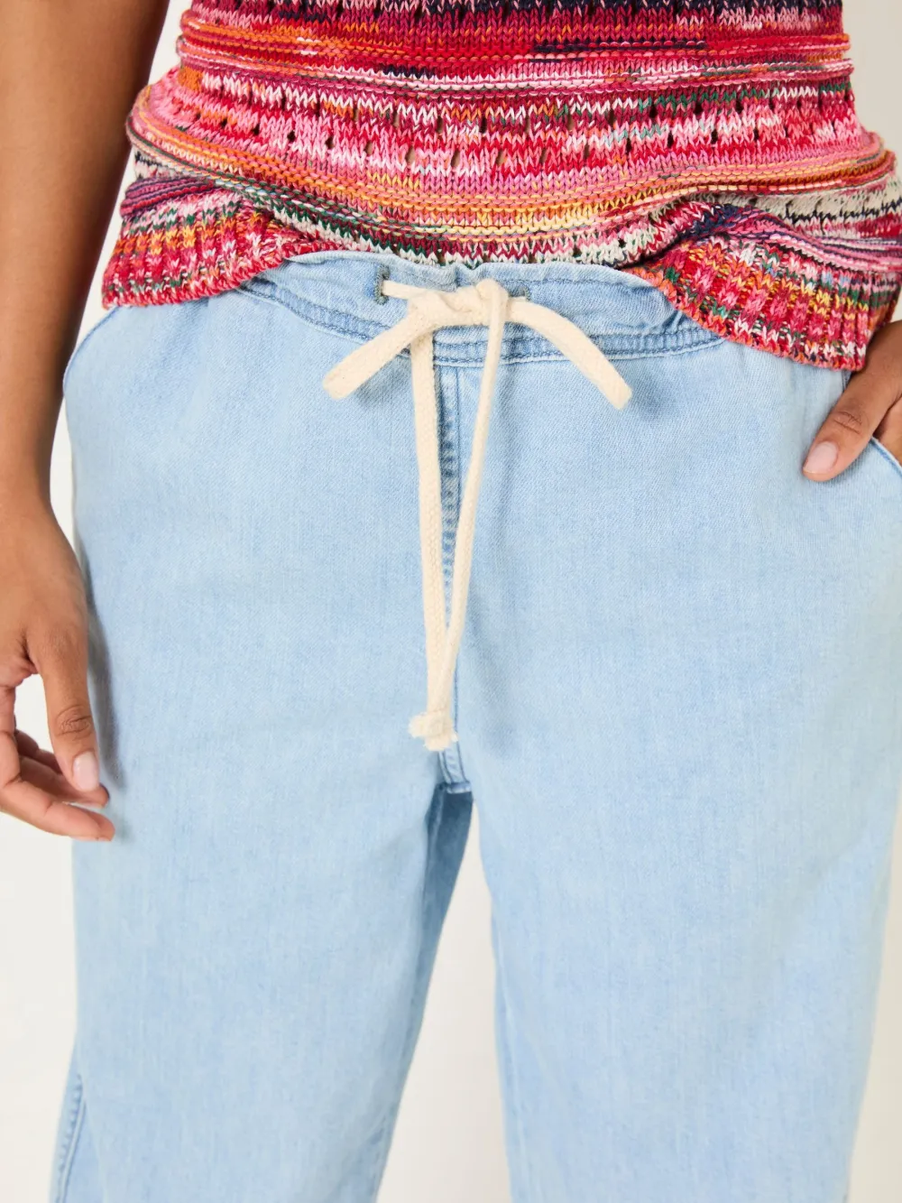 Ashby Light Blue Denim Straight Leg Drawstring Jeans