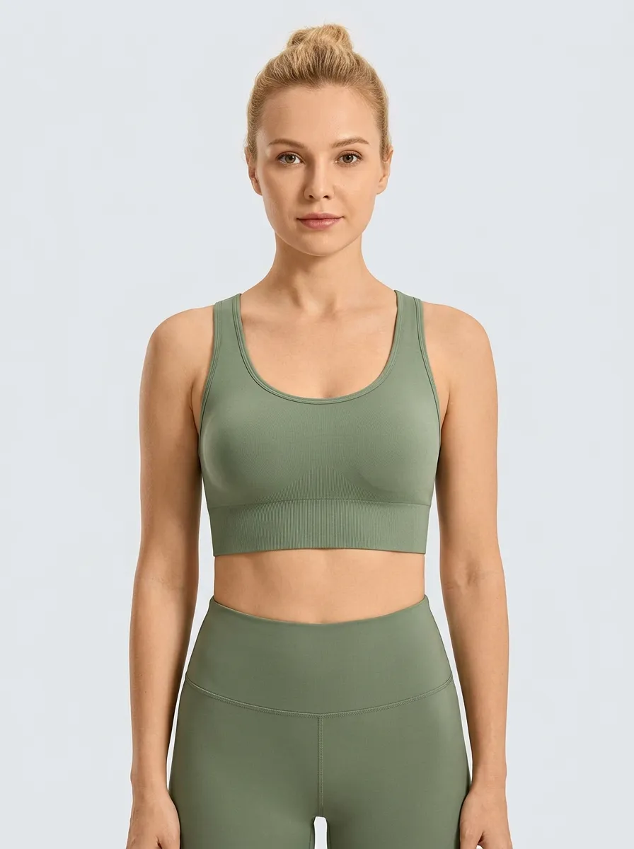 Women's Scoop-Neck Racerback Ribbed Seamless Wide-Strap Sports Bra