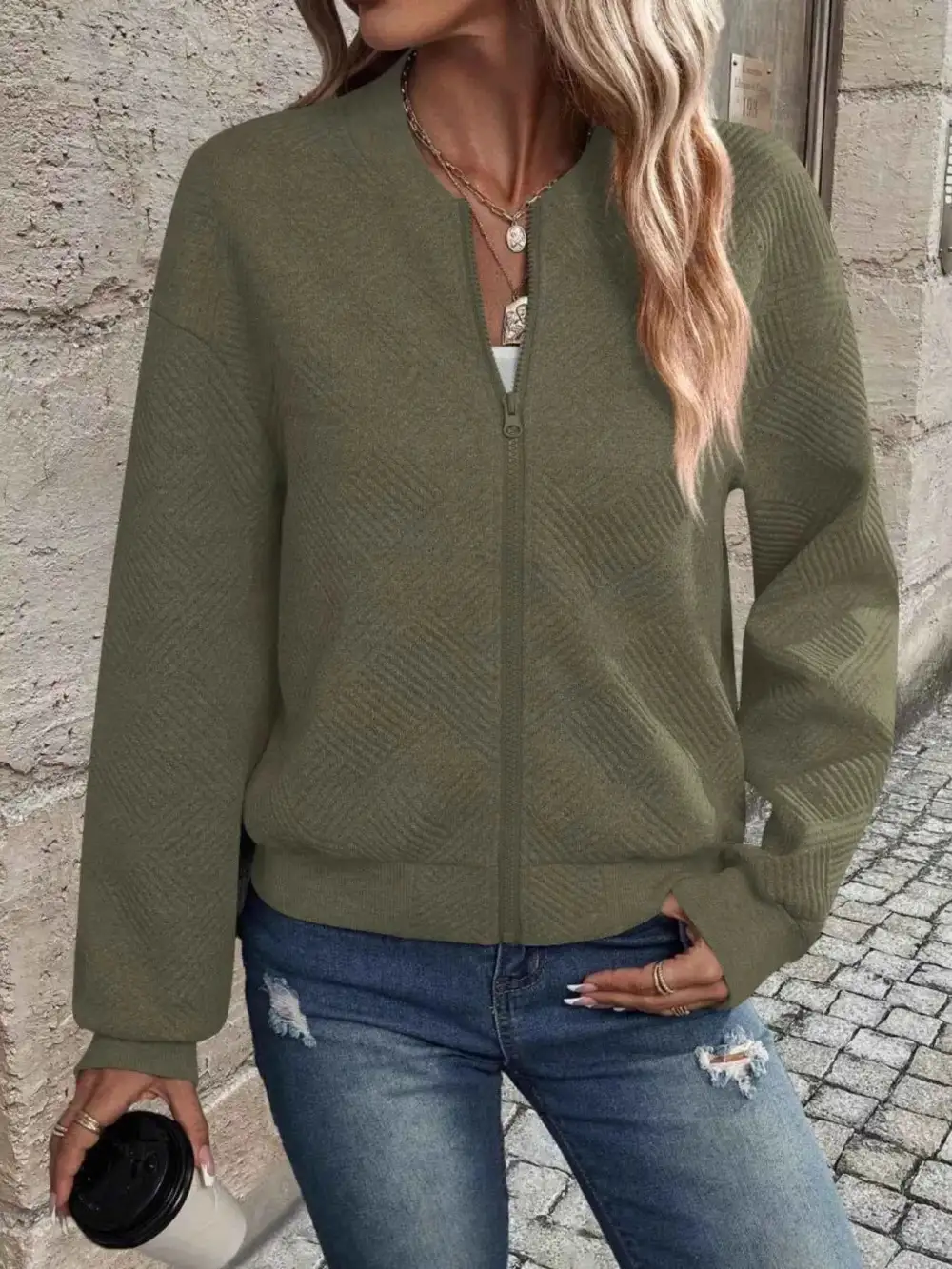 Texture Zip-Up Bomber Jacket