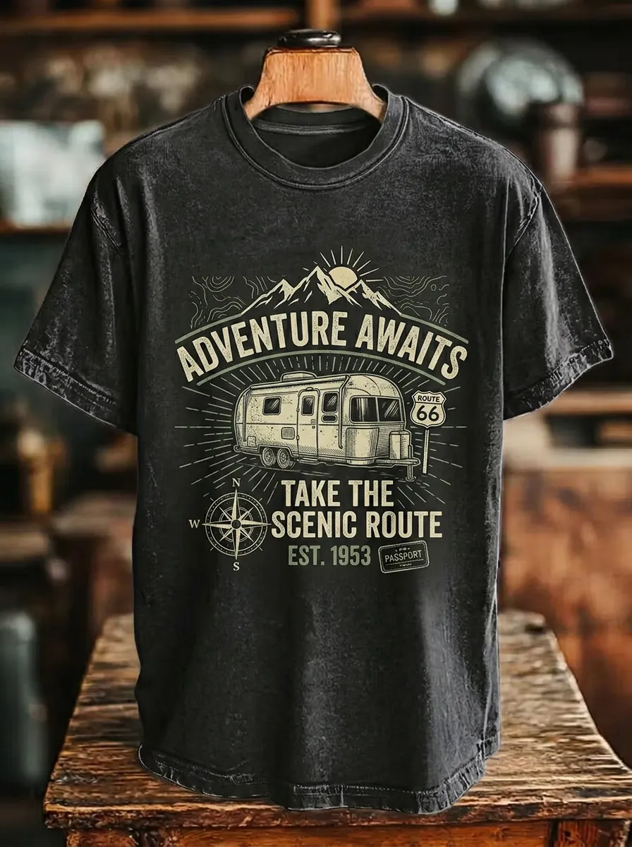 Unisex Adventure Camper Route 66 Mountain Compass Printed T-shirt