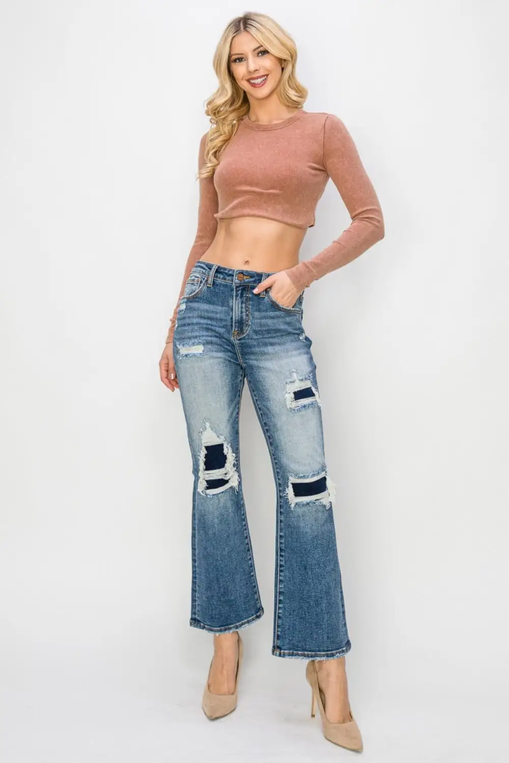 High Rise Distressed Ankle Flared Denim Jeans