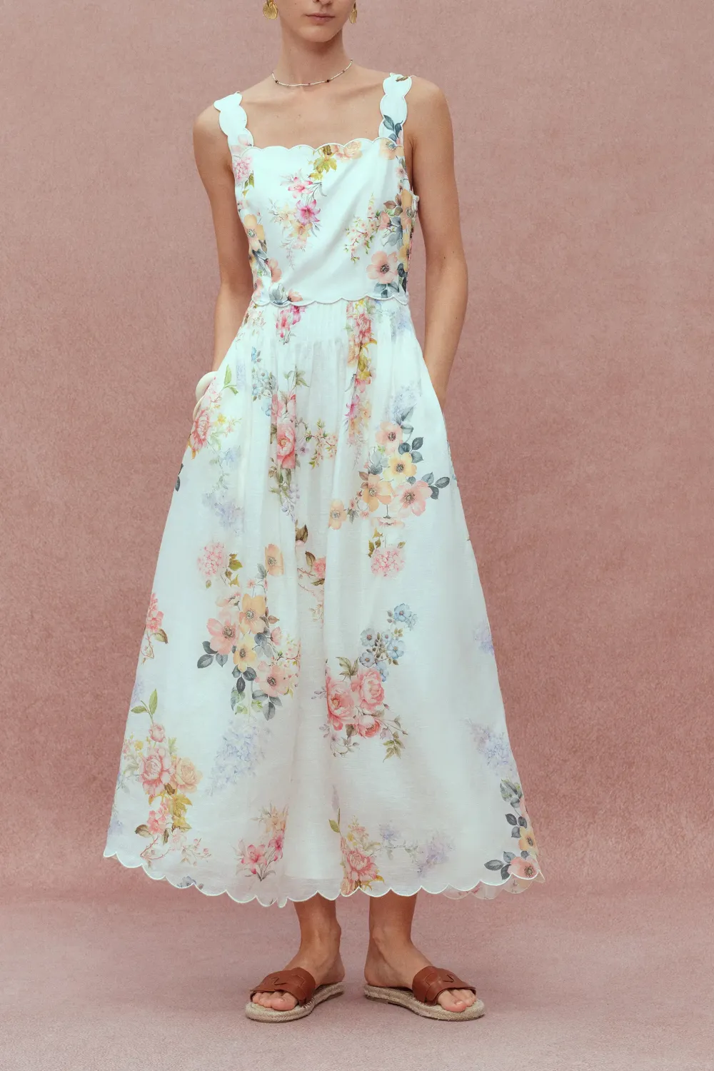 Strap Embroidered Floral Silk Linen Maxi Dress