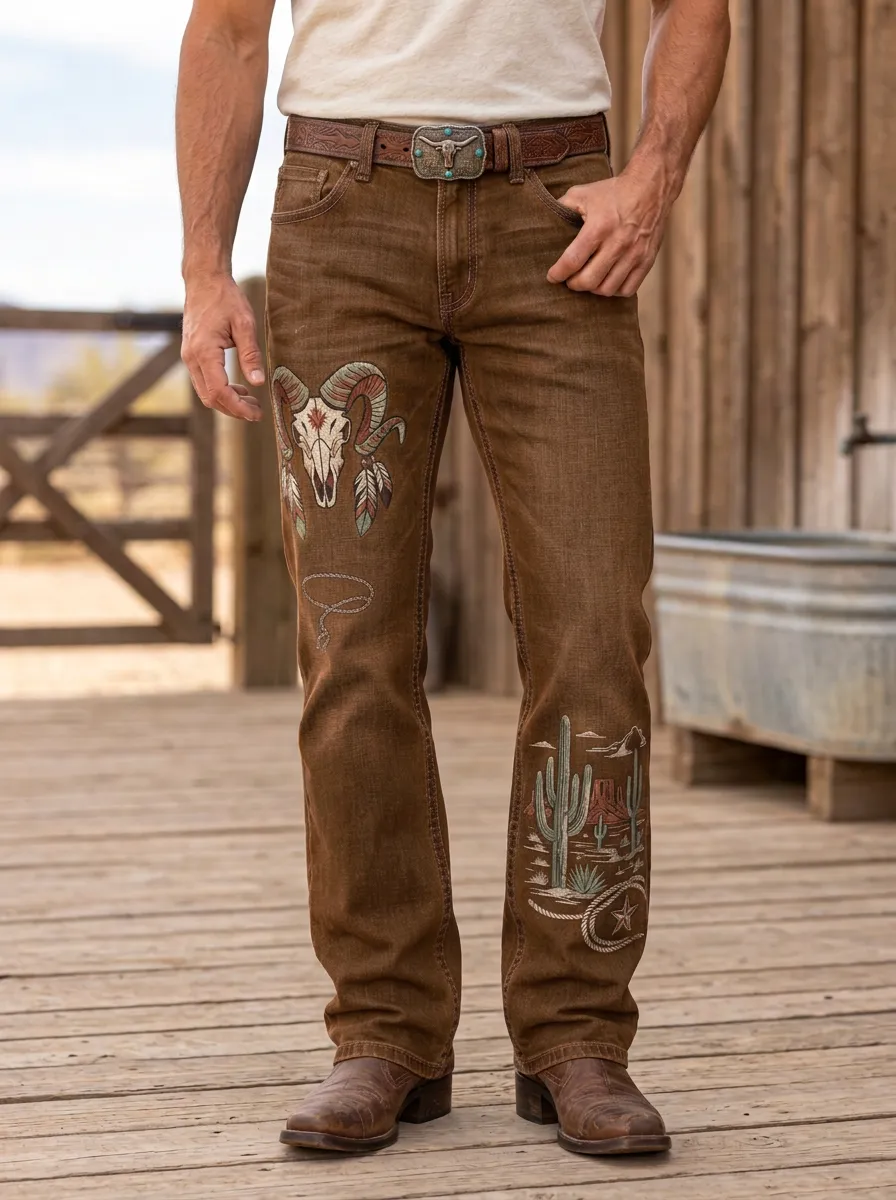 Men's Classic Western Cowboy Cactus Skull Jeans
