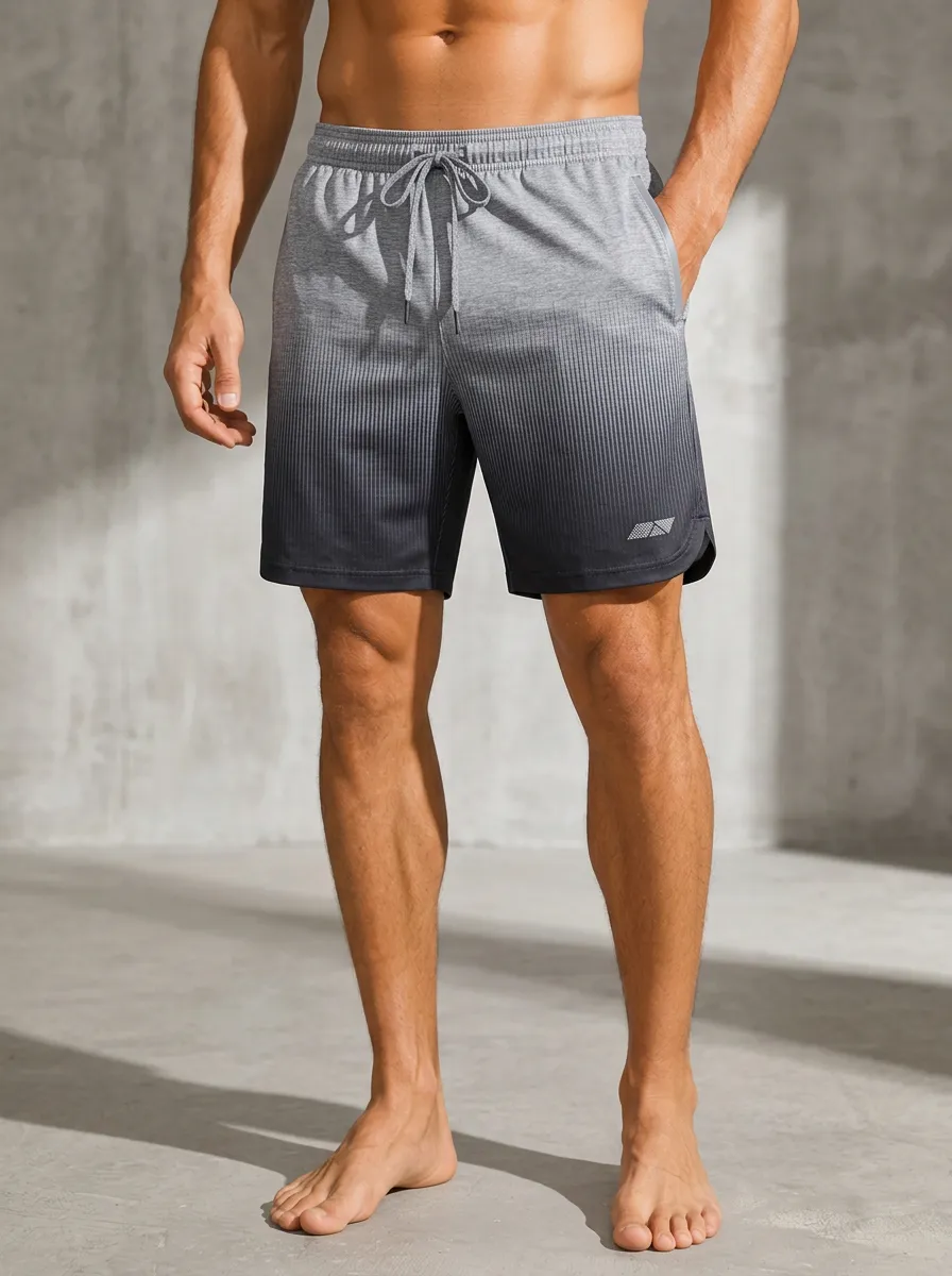 Men's Fitness Gym Wear Grey Black Ombre Striped Printed Shorts