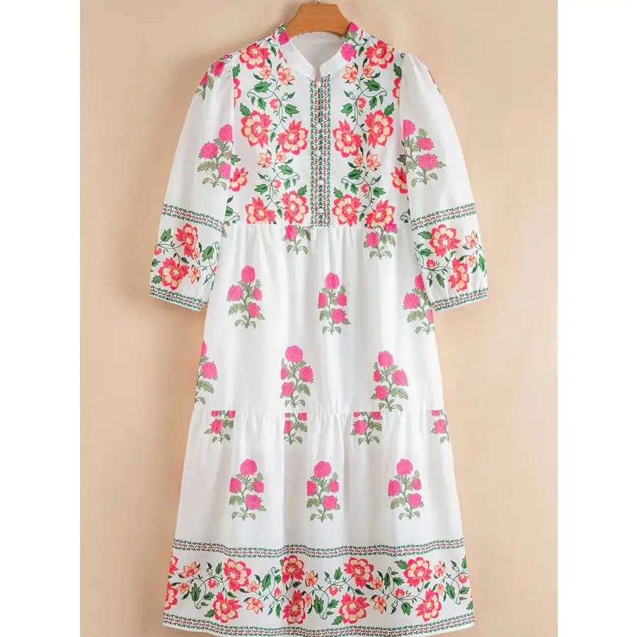 Relaxed Floral Print Half Button Mandarin Neck Sleeve Maxi Dress