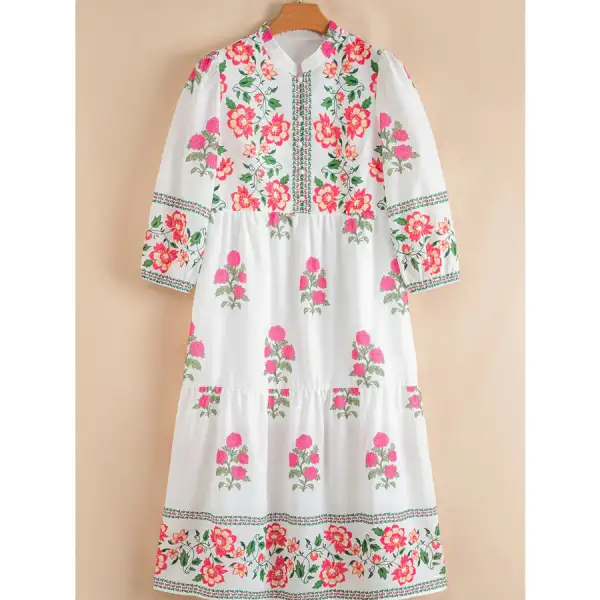 Relaxed Floral Print Half Button Mandarin Neck Sleeve Maxi Dress