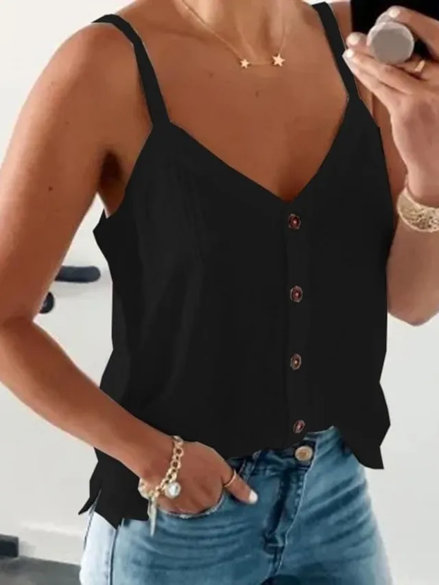 Women's Tank Top Black White Army Green Plain Button Sleeveless Casual Basic V Neck Regular S