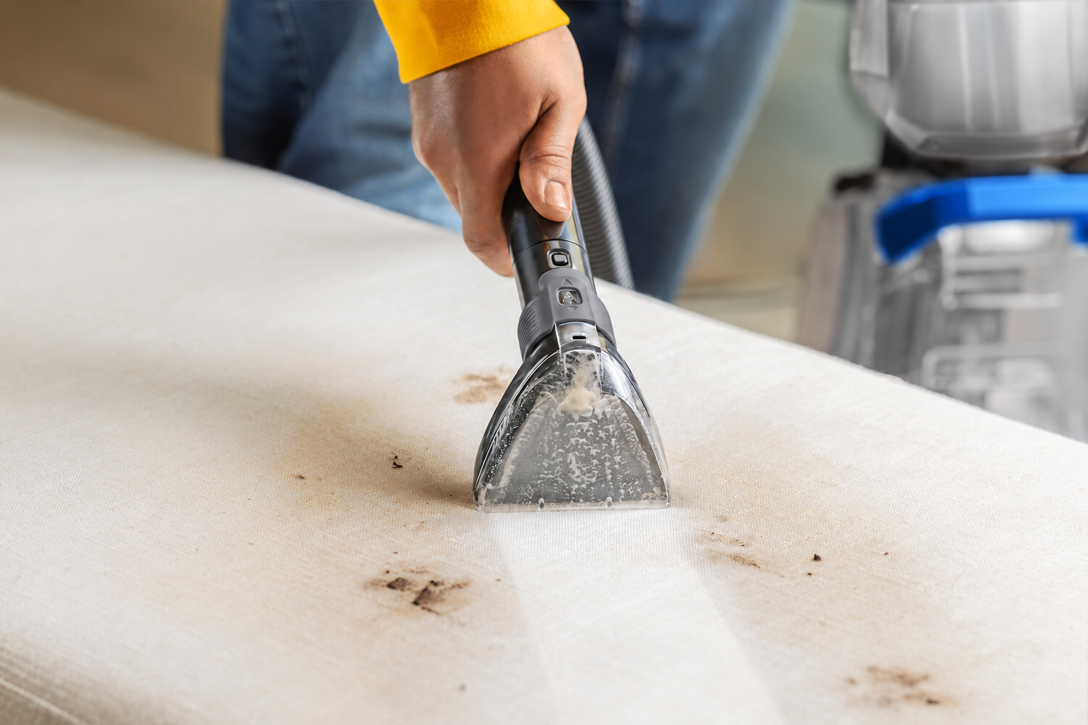 Hand tool cleaning an upholstered sofa