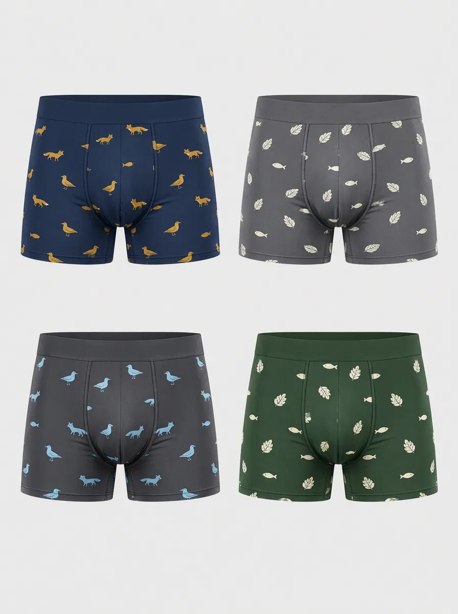 Men's Nature Animal Pattern Fox Bird Leaf Printed Boxer Briefs 4-Pack