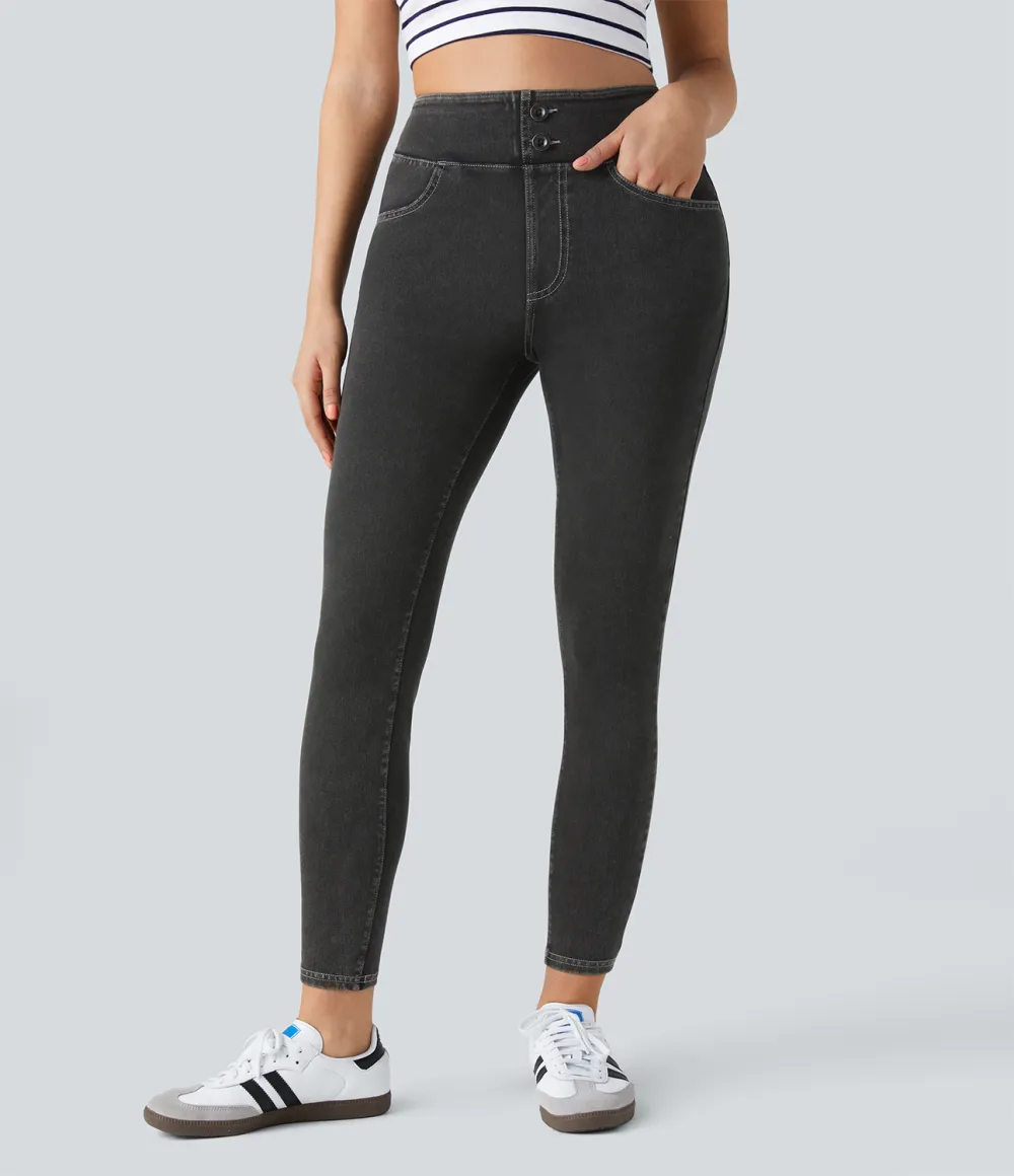 Magic Curvy High Waisted Decorative Button Multiple Pockets Stretchy Knit Denim Casual 7/8 Leggings