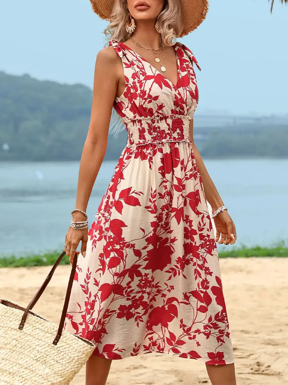 V Neck Wrap Smocked Midi Dress