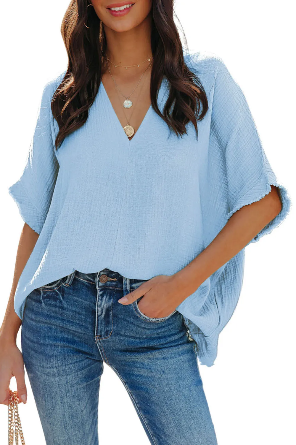 Sky Blue Frayed Batwing Sleeve Blouse