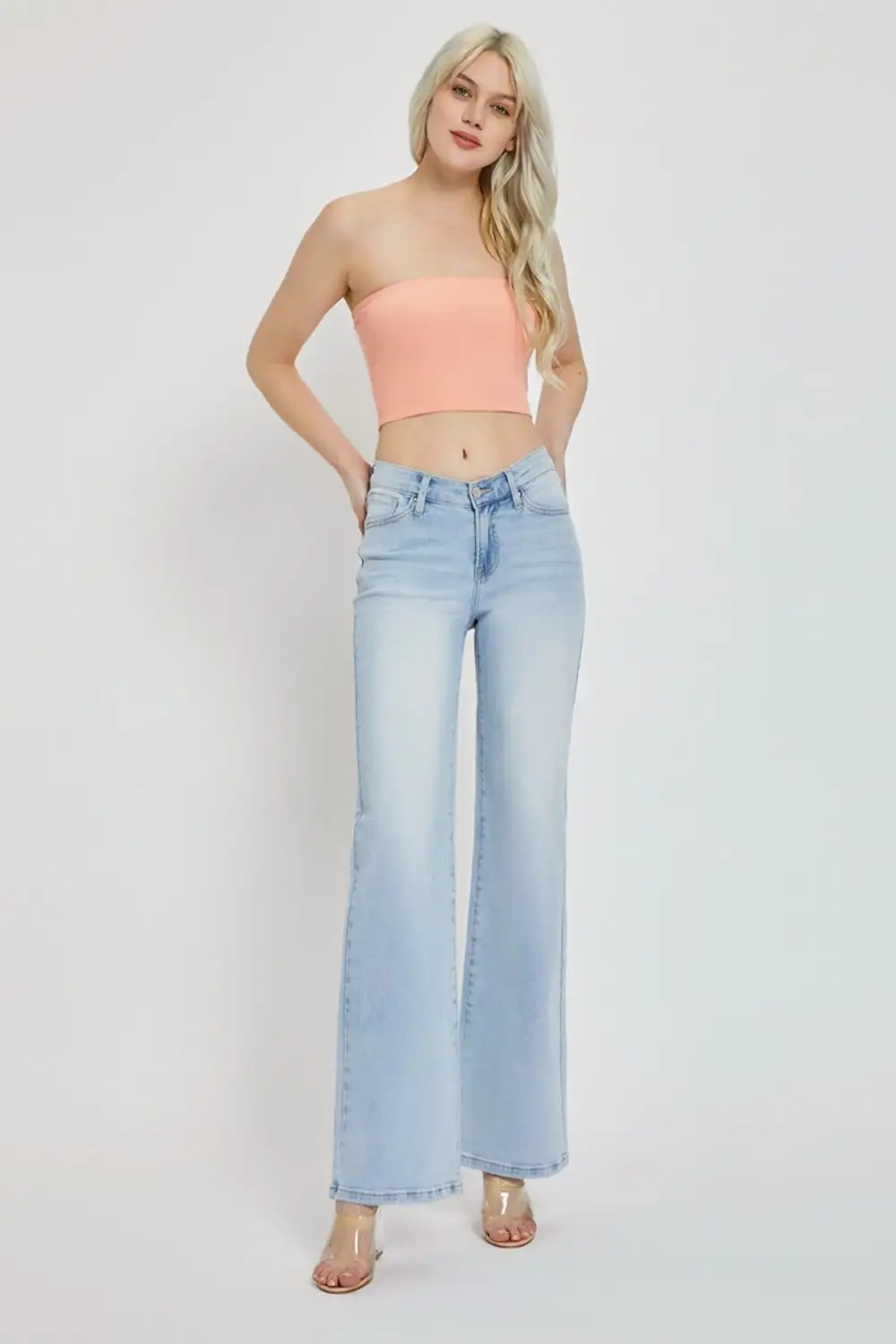 Wide Leg Dipped Front Waist Denim Jeans