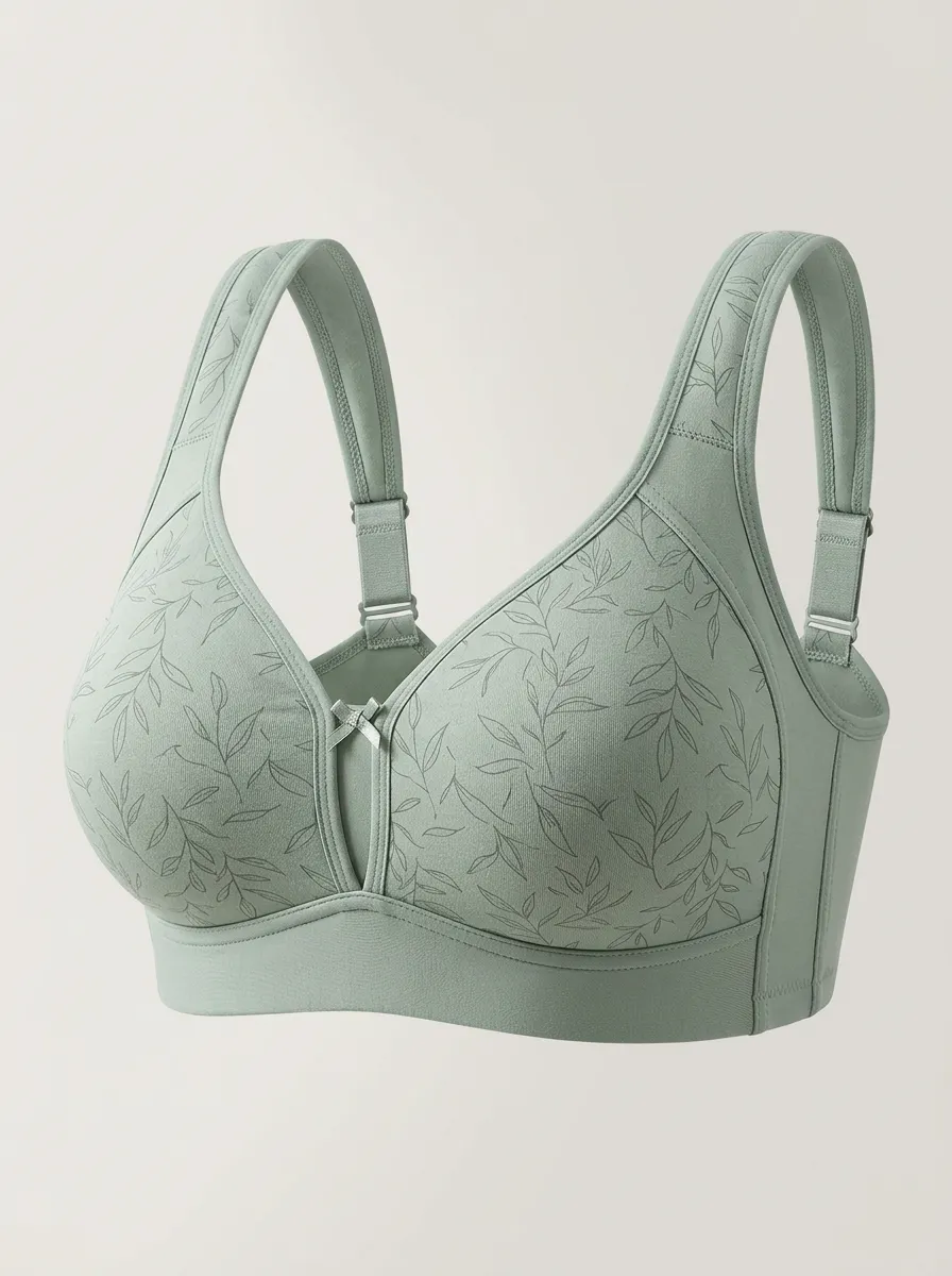Women's Plus Size Sage Green Leaf Wide-Strap Wireless Bra