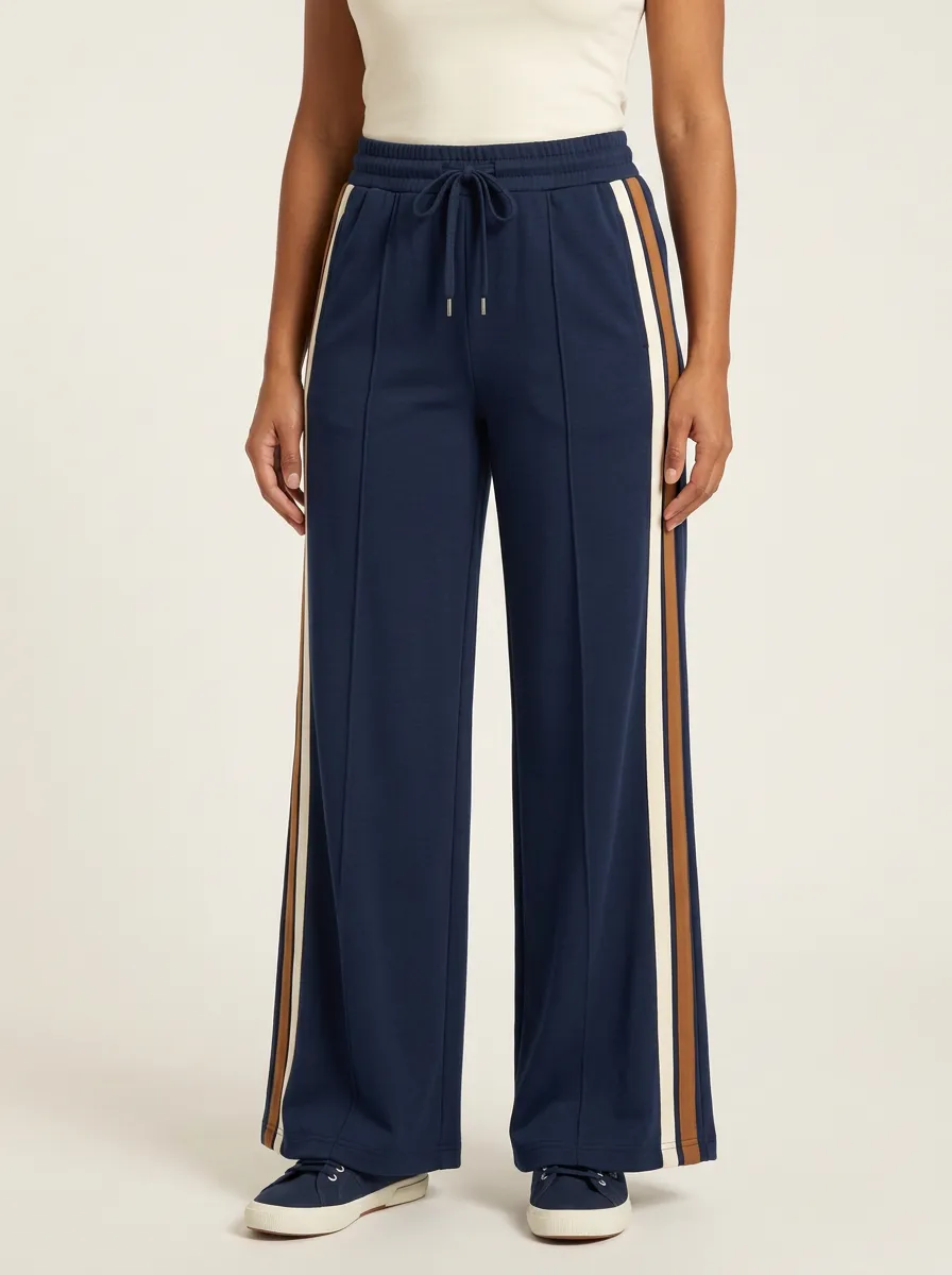 Women's Mid-Rise Drawstring Pintuck Side-Stripe Wide-Leg Pants