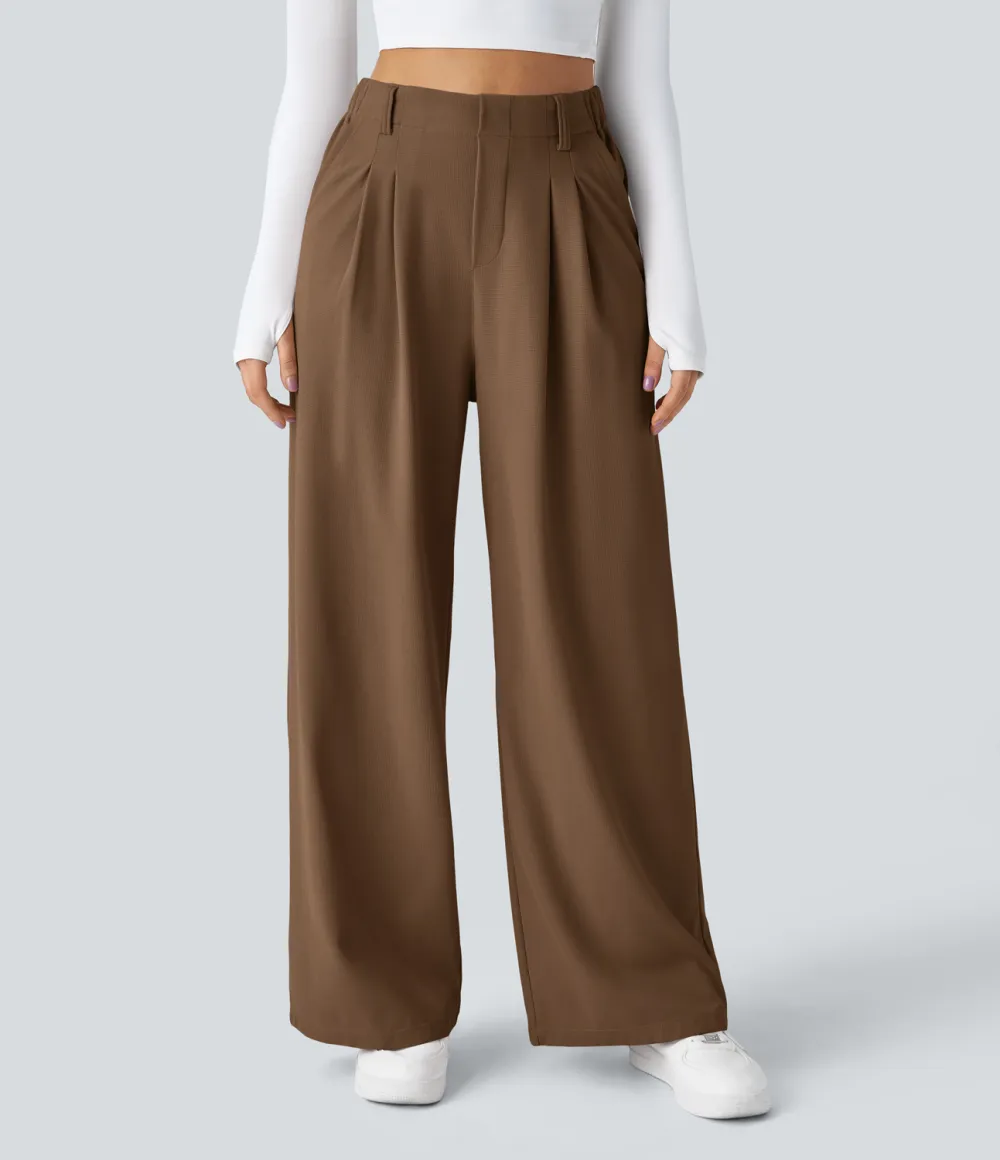 2026🔥  High Waisted Plicated Side Pocket Wide Leg Waffle Work Pants