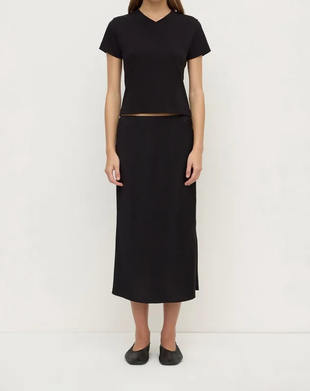 Black Bias-Cut Silk Midi Skirt