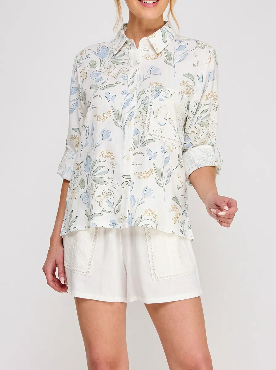 Women's Botanical Floral Script Printed Button-Down Shirt
