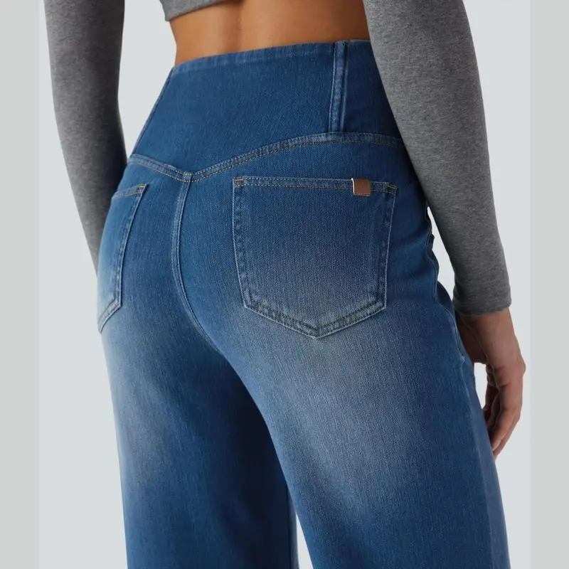 2026🔥  High Waisted Multiple Pockets Baggy Wide Leg Washed Stretchy Knit Casual Jeans