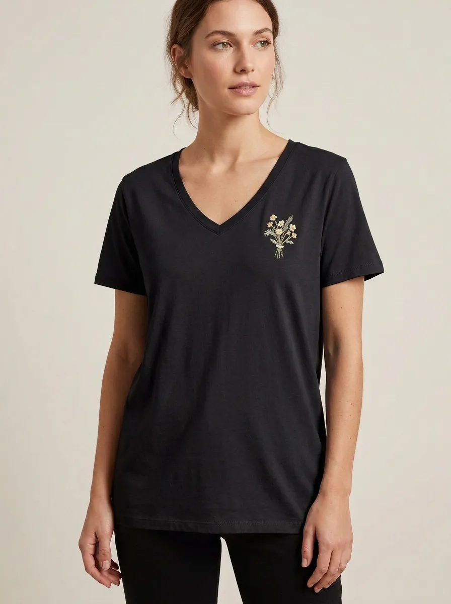 Women's Ribbed-Neck V-Neck T-Shirt