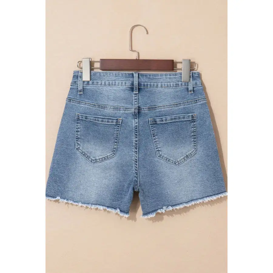Pearl Beaded Raw Hem Wash Denim Shorts