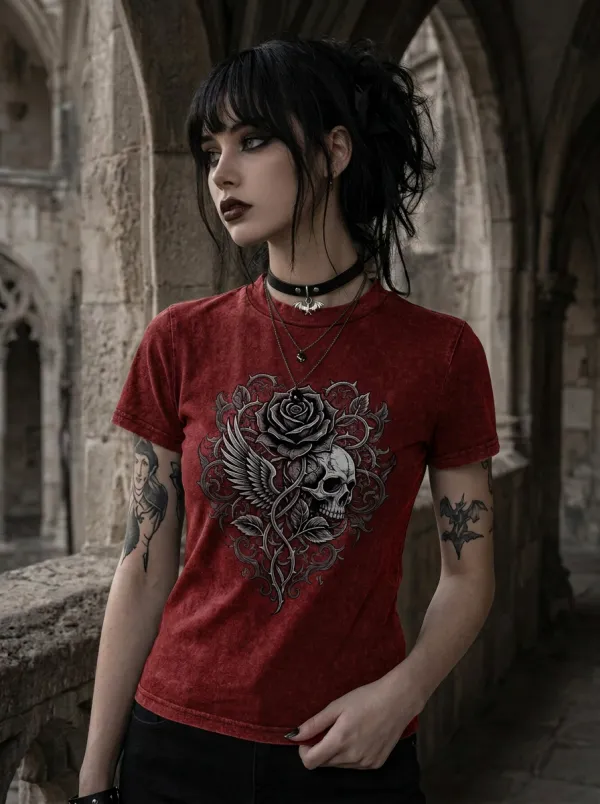 Underground Skull Rose Wing Finish Women's Gothic T-Shirt