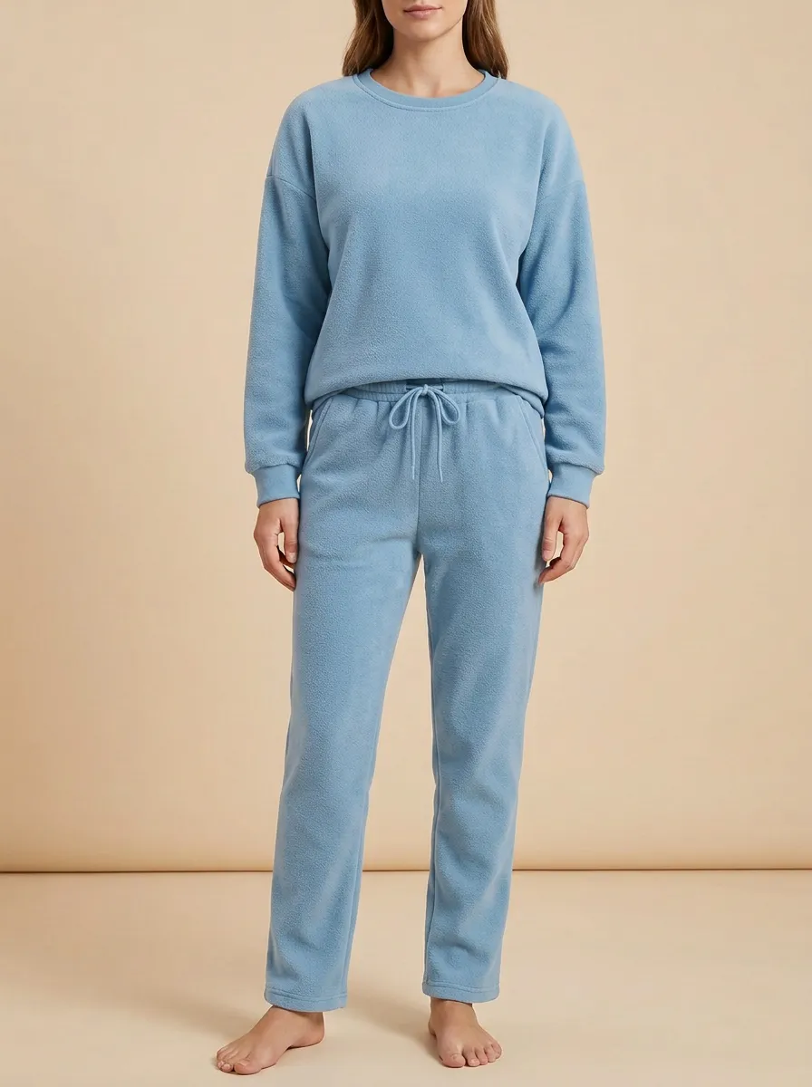 Women's Ribbed-Cuff Crewneck Sweatshirt And Drawstring Trouser Fleece Lounge Set