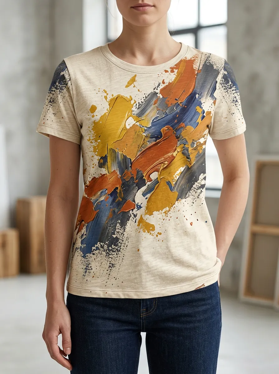 Women's Abstract Art Oil Paint Splash Printed T-shirt