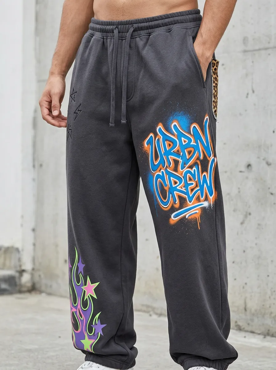Men's Streetwear Urban Crew Graffiti Flame Star Printed Sweatpants